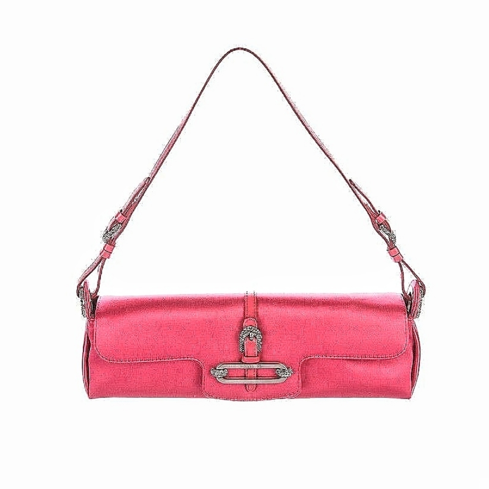 Jimmy Choo Barbiecore Swarovski Crystal Pink Red Satin Tulita Baguette Should…